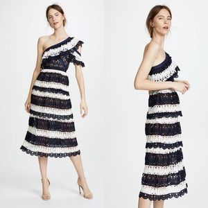 Self-Portrait Stripe Crochet One Shoulder Midi Dress Navy White 2 NWT